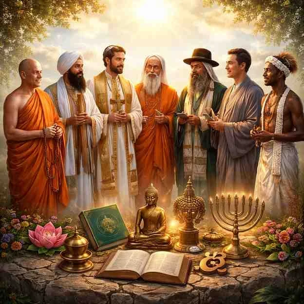 Representatives of all world religions gathered together in harmony — reflecting Jainism's principle of universal respect and non-violence